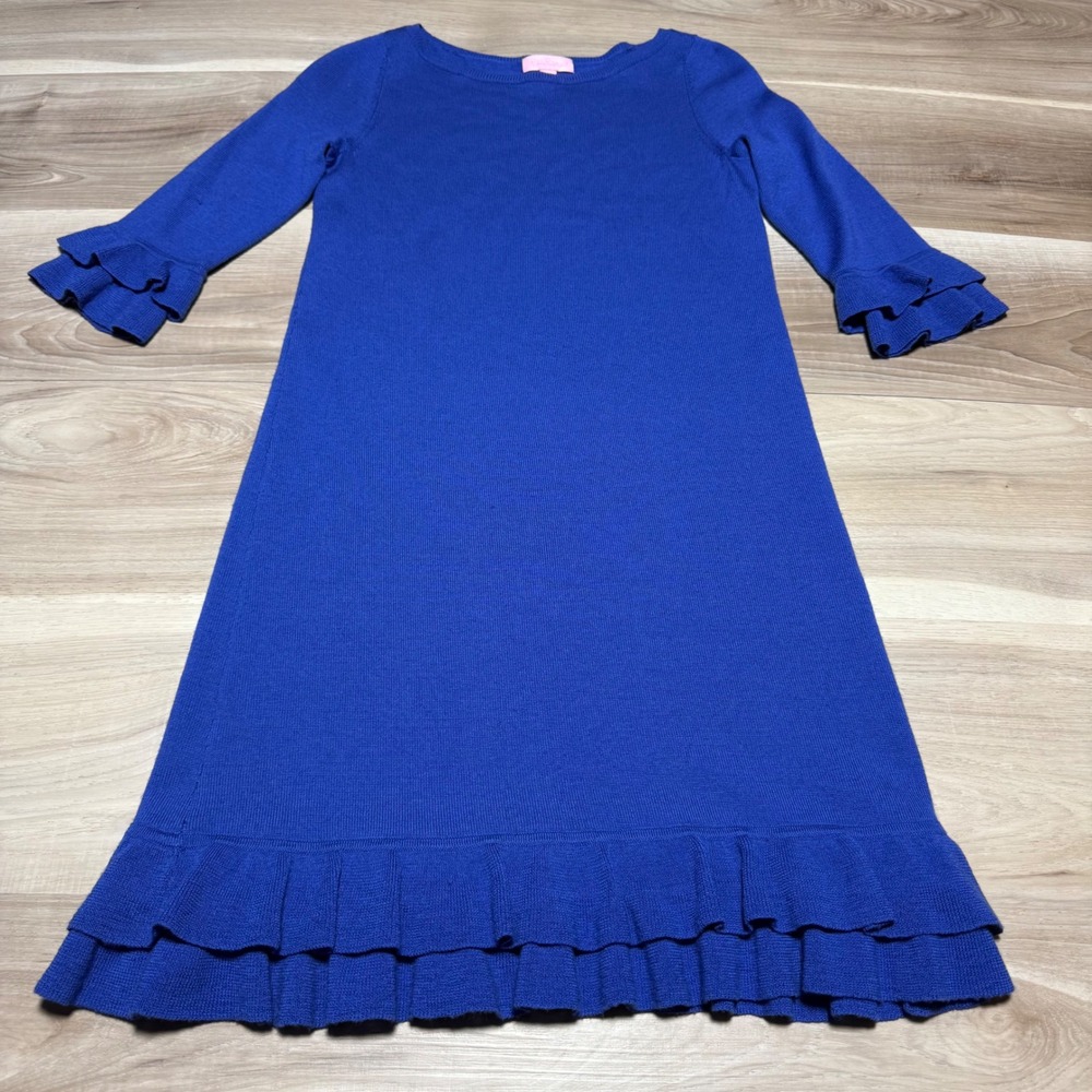 Lilly Pulitzer Sweater Dress Womens XS Blue Merino Wool Ruffle Cuff Hem 24394